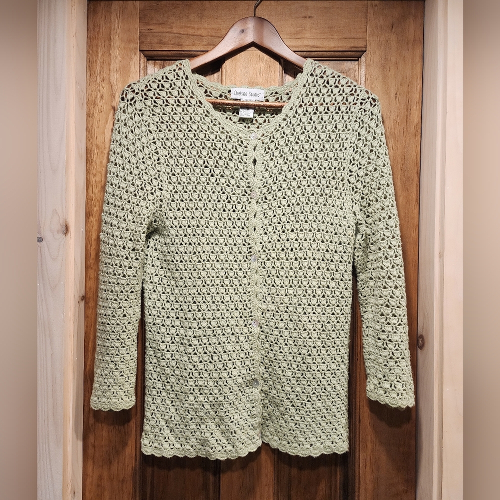 Vintage Y2K Chelsea Studio Sage Green Crochet Cardigan